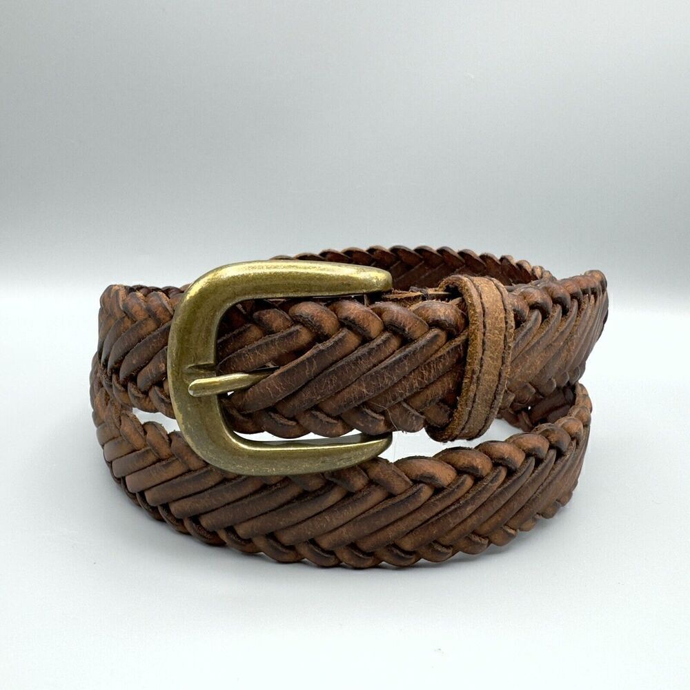 Vintage BUFFALO LEATHER Belt Braided Men’s LARGE Brown Brass Buckle